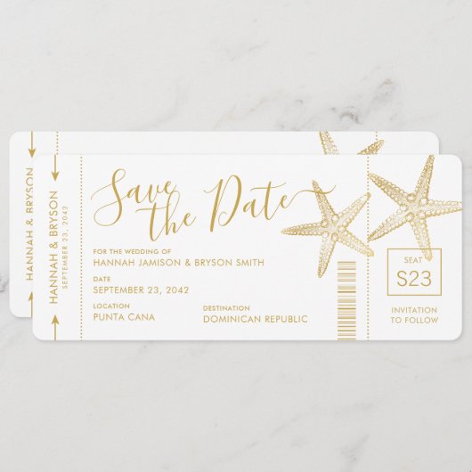 Beach Destination Weduwfish Boarding Pass Save The Date (Voorkant / Achterkant)