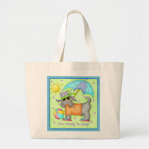 Beach Dog Whimsy Art Green Blue Grote Tote Bag