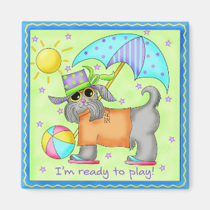 Beach Dog Whimsy Art Green Blue Magneet