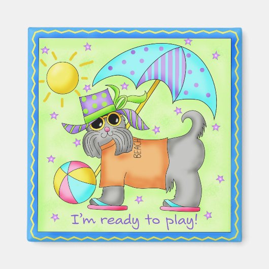 Beach Dog Whimsy Art Green Blue Magneet (Voorkant)