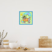 Beach Dog Whimsy Art Green Blue Poster (Keuken)