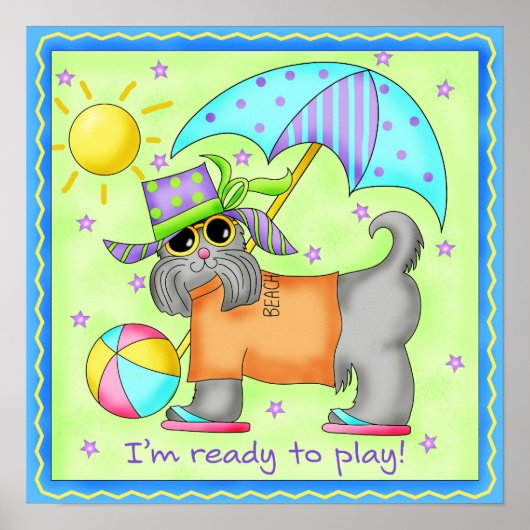 Beach Dog Whimsy Art Green Blue Poster (Voorkant)