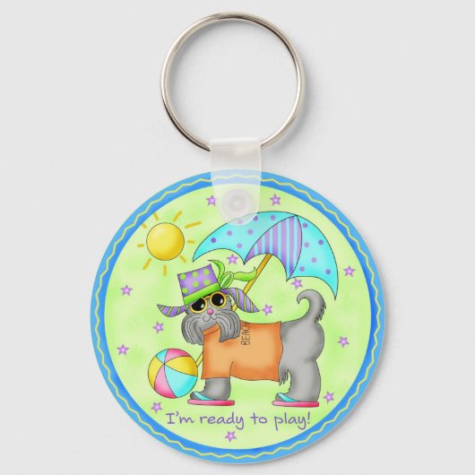 Beach Dog Whimsy Art Green Blue Sleutelhanger (Voorkant)