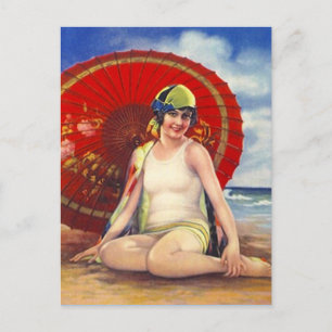 Beach Flapper Girl Briefkaart Asian Umbrella Cloch