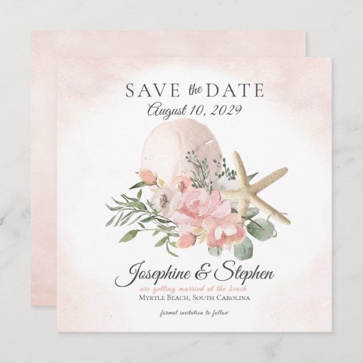 Beach Floral Sand Dollar Starfish Save the Date (Voorkant / Achterkant)