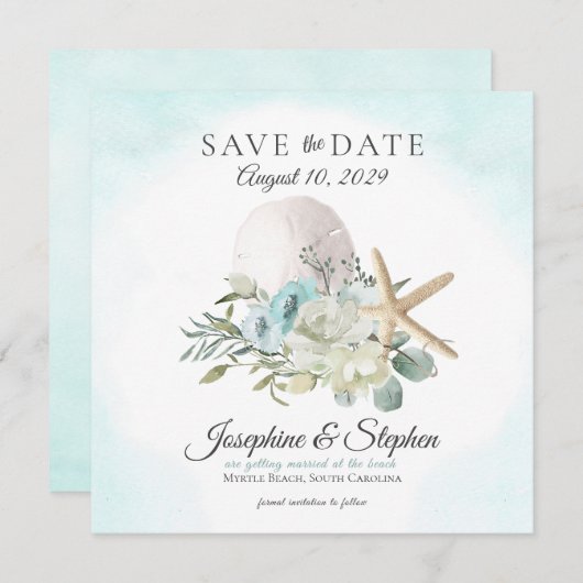 Beach Floral Sand Dollar Starfish Save the Date (Voorkant / Achterkant)