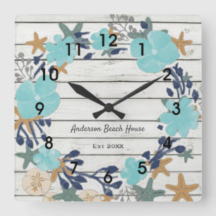 Beach Flowers and Starfish Rustic Vierkante Klok
