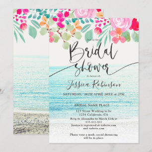 Beach foto roze florale waterverf vrijgezellenfees kaart