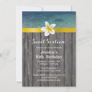 Beach & Frangipani Flower Wood Background Sweet 16 Kaart