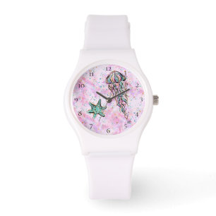 *~* Beach Glitter Art Star Fish Jelly Fish Zee Horloge