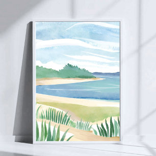 Beach Grass Bay   Aquarel Oceaan Kust Zee Kunst Poster