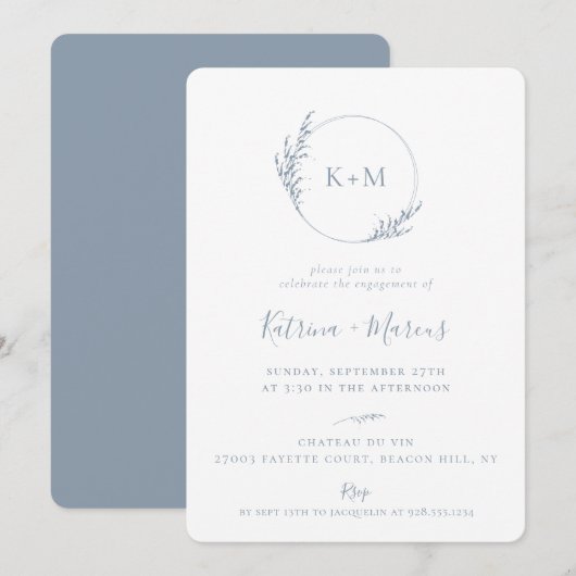 Beach Grass Monogram Dusty Blue Engagement Party Kaart (Voorkant / Achterkant)