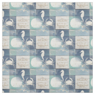 Beach Happy Place Blue Aqua Old Wood Zee Fabric Stof