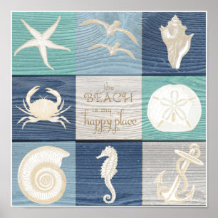 Beach Happy Place Blue Aqua Old Wood Zee Poster