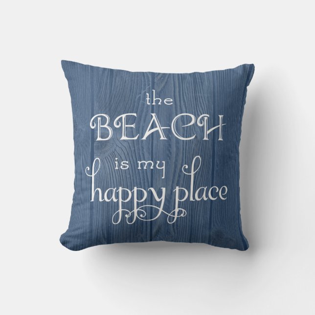 Beach Happy Place Blue Wood Pillow Kussen (Voorkant)