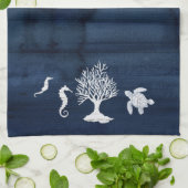Beach Home Bath Navy White Seahorse Turtle Coral Theedoek (Gevouwen)