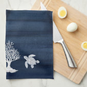 Beach Home Bath Navy White Seahorse Turtle Coral Theedoek (Quarter Fold)