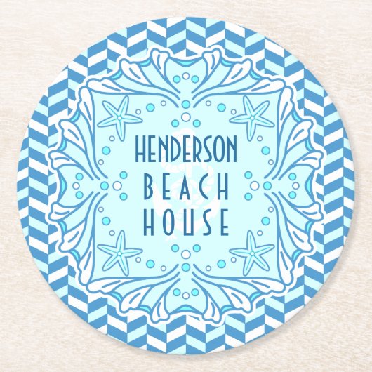 Beach House Art Deco Shell en Herringbone Custom Ronde Kartonnen Onderzetter (Voorkant)