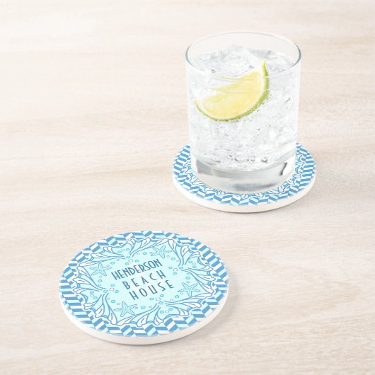 Beach House Art Deco Shell en Herringbone Custom Zandsteen Onderzetter (Zijkant)