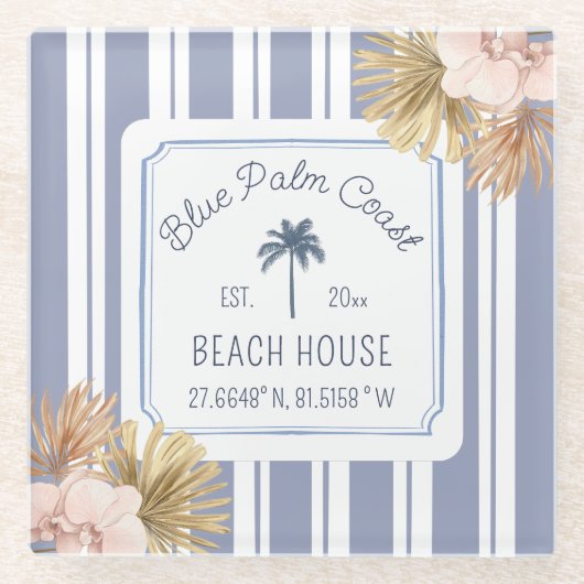 Beach House Blue Stripes Coastal Boho Farmhouse Glazen Onderzetter (Voorkant)