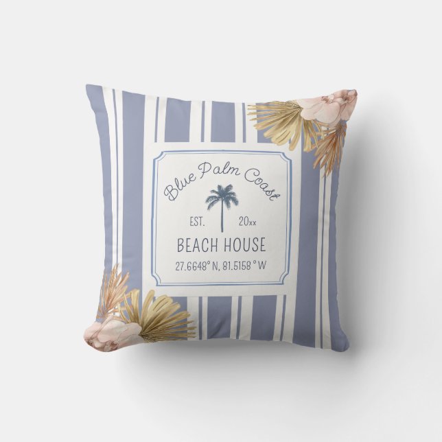 Beach House Blue Stripes Coastal Boho Farmhouse Kussen (Voorkant)