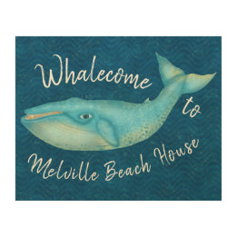 Beach House Blue Whale Nautical Whalecome | Aangep Hout Afdruk