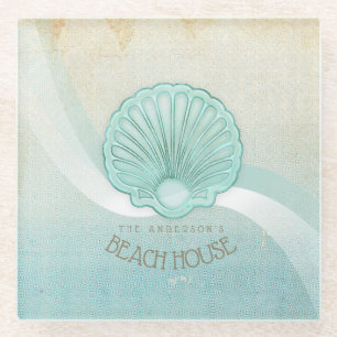 Beach House Clam Shell Aqua Blue ID623 Glazen Onderzetter