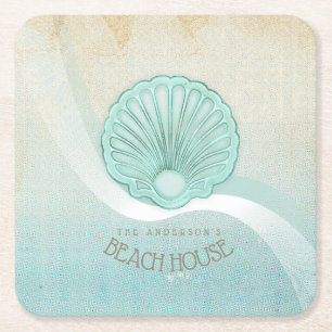 Beach House Clam Shell Aqua Blue ID623 Vierkante Kartonnen Onderzetter