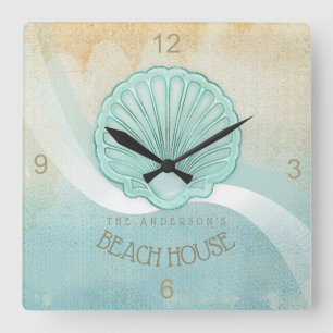 Beach House Clam Shell Aqua Blue ID623 Vierkante Klok