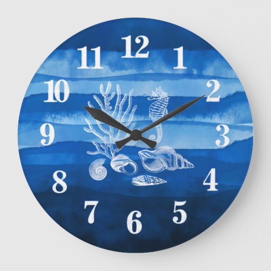Beach House Coral Hippocampe Bleu Grande Horloge (Recto)