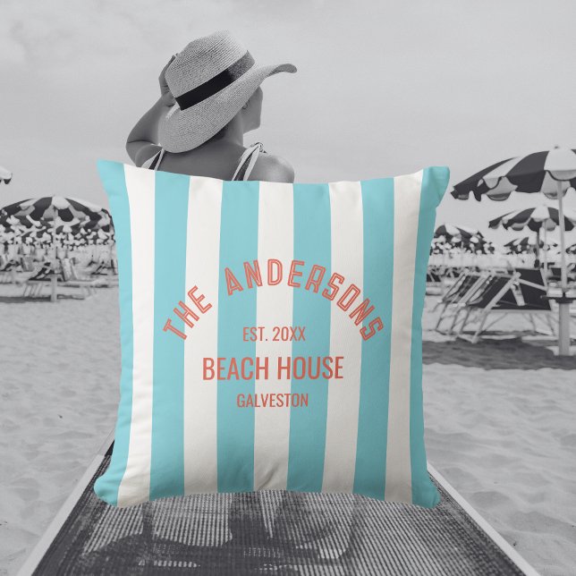 Beach House Custom Naam Blue Cabana Stripe Buitenkussen (Creator heeft geüpload)