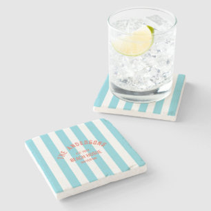 Beach House Custom Naam Blue Cabana Stripe Stenen Onderzetter