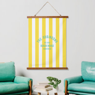 Beach House Custom Naam Geel Cabana Stripe Hangend Wandkleed