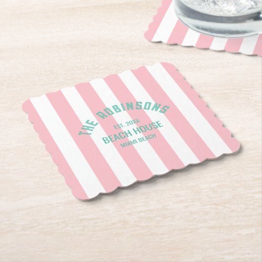 Beach House Custom Naam Pink Cabana Stripe Kartonnen Onderzetters (Gebogen)