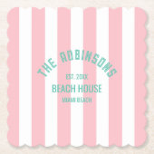 Beach House Custom Naam Pink Cabana Stripe Kartonnen Onderzetters (Voorkant)