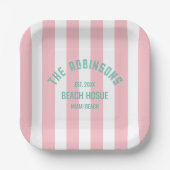 Beach House Custom Naam Pink Cabana Stripe Papieren Bordje (Voorkant)