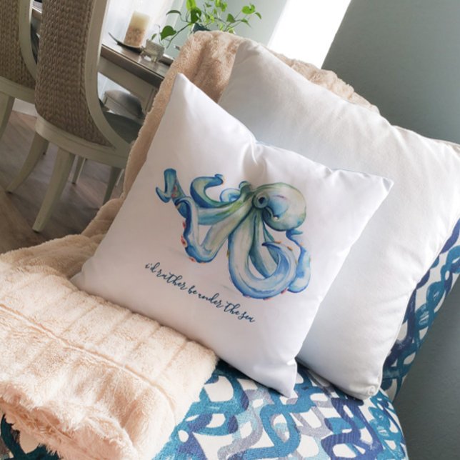 Beach House Design Personaliseer Ocean Throw Kussen (Beach house decor watercolor blue octopus art by Victoria Grigaliunas of Do Tell A Belle)