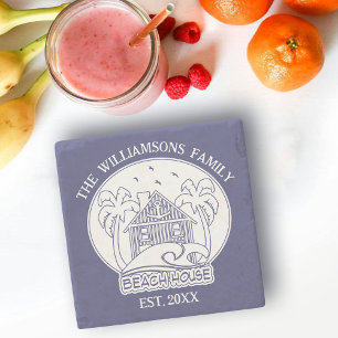 Beach House familienaam anker nautisch blauw wit Stenen Onderzetter