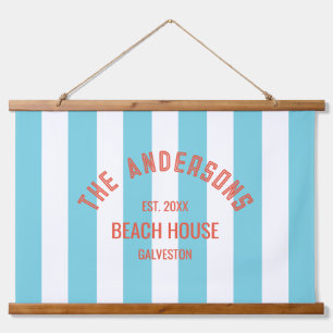 Beach House Familienaam Blue Cabana Stripe Hangend Wandkleed