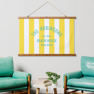 Beach House Familienaam Geel Cabana Stripe Hangend Wandkleed