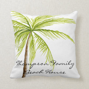 Beach House Familienaam Palm Tree White Green Kussen