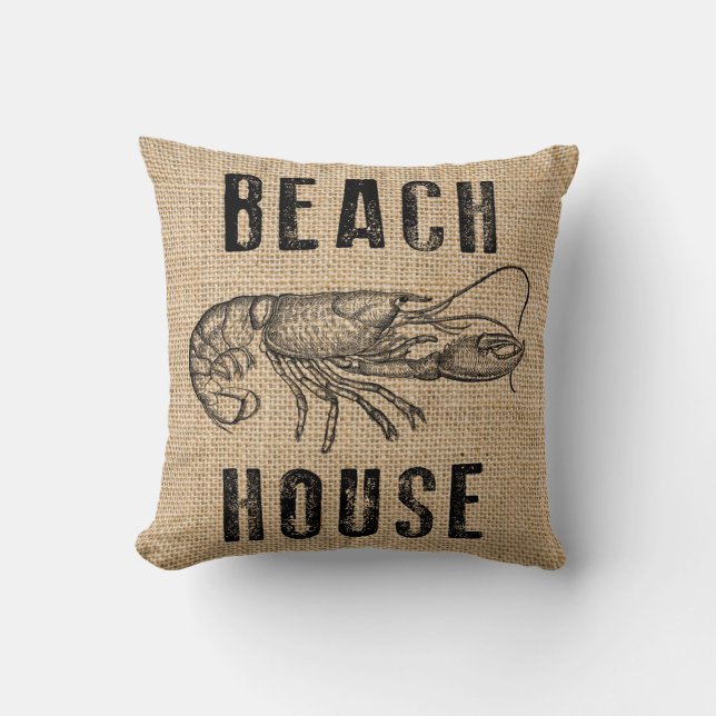 Beach House Homard Rustic Summer Burlap Coussin (Recto)