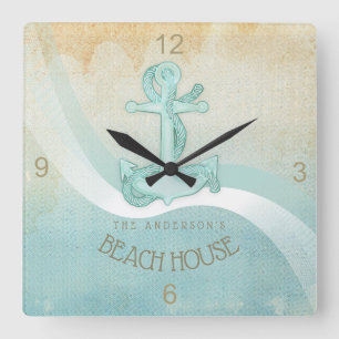 Beach House Nautical Anchor and Rope Aqua ID623 Vierkante Klok