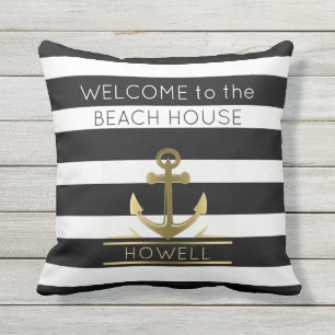 Beach House Nautical Anchor Familienaam B&W Stripe Buitenkussen
