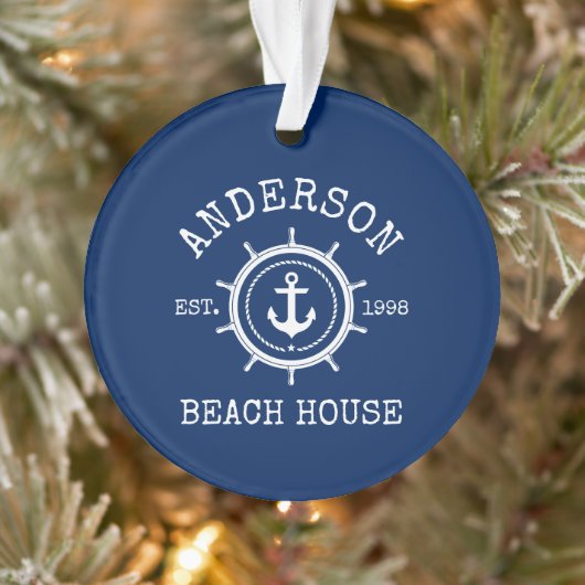 Beach House Nautical Anchor Rope Helm Blue Ornament (Boom)