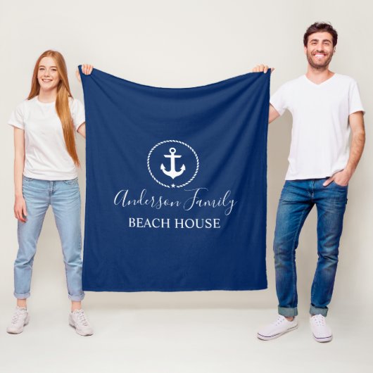 Beach House Nautical Anchor Rope Star Blue Fleece Deken (In situ)