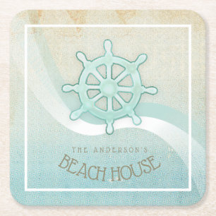 Beach House Nautical Boat Helm Aqua Blue ID623 Vierkante Kartonnen Onderzetter