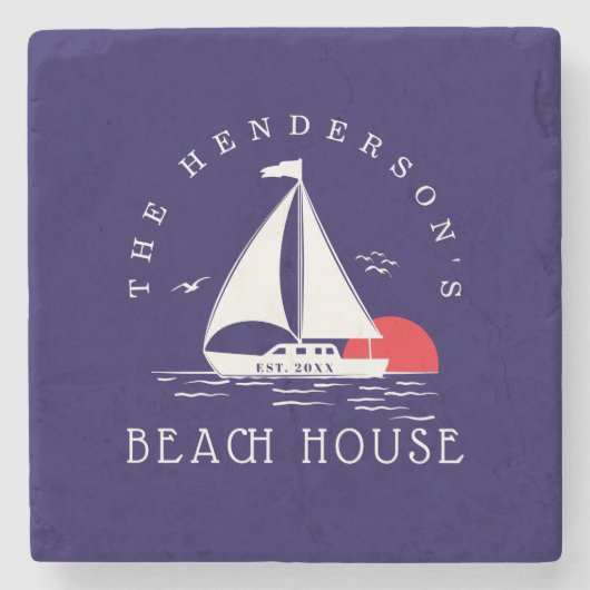Beach House Nautical boat Sunset navy blue Stenen Onderzetter (Voorkant)