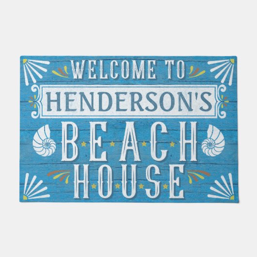 Beach House Nautical Coastal Shells Aangepaste naa Deurmat (Voorkant)