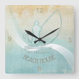 Beach House Nautical Fisherman Aqua Blue ID623 Vierkante Klok